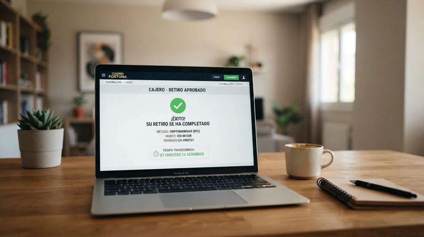 Una pantalla de casino mostrando un retiro completado en USDT con el tiempo de procesamiento visible