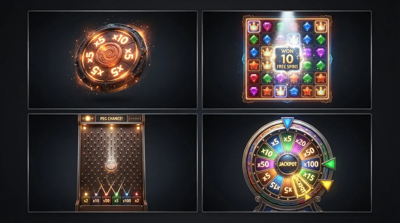 Collage con las cuatro pantallas de bonificación: la moneda de Coin Flip, la cuadrícula de Cash Hunt, el tablero de Pachinko y la rueda gigante de Crazy Time