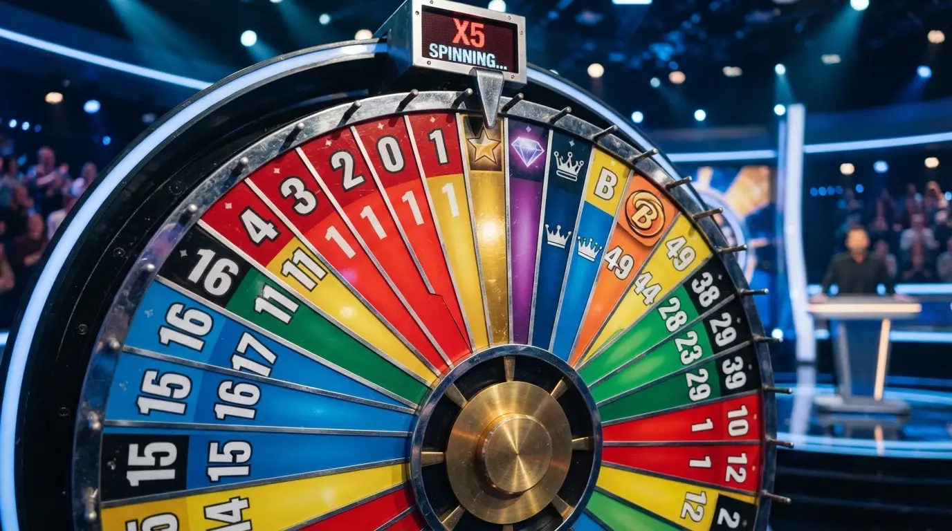 Primer plano de la rueda de Crazy Time con sus 54 segmentos numerados y de colores, más el marcador del Top Slot