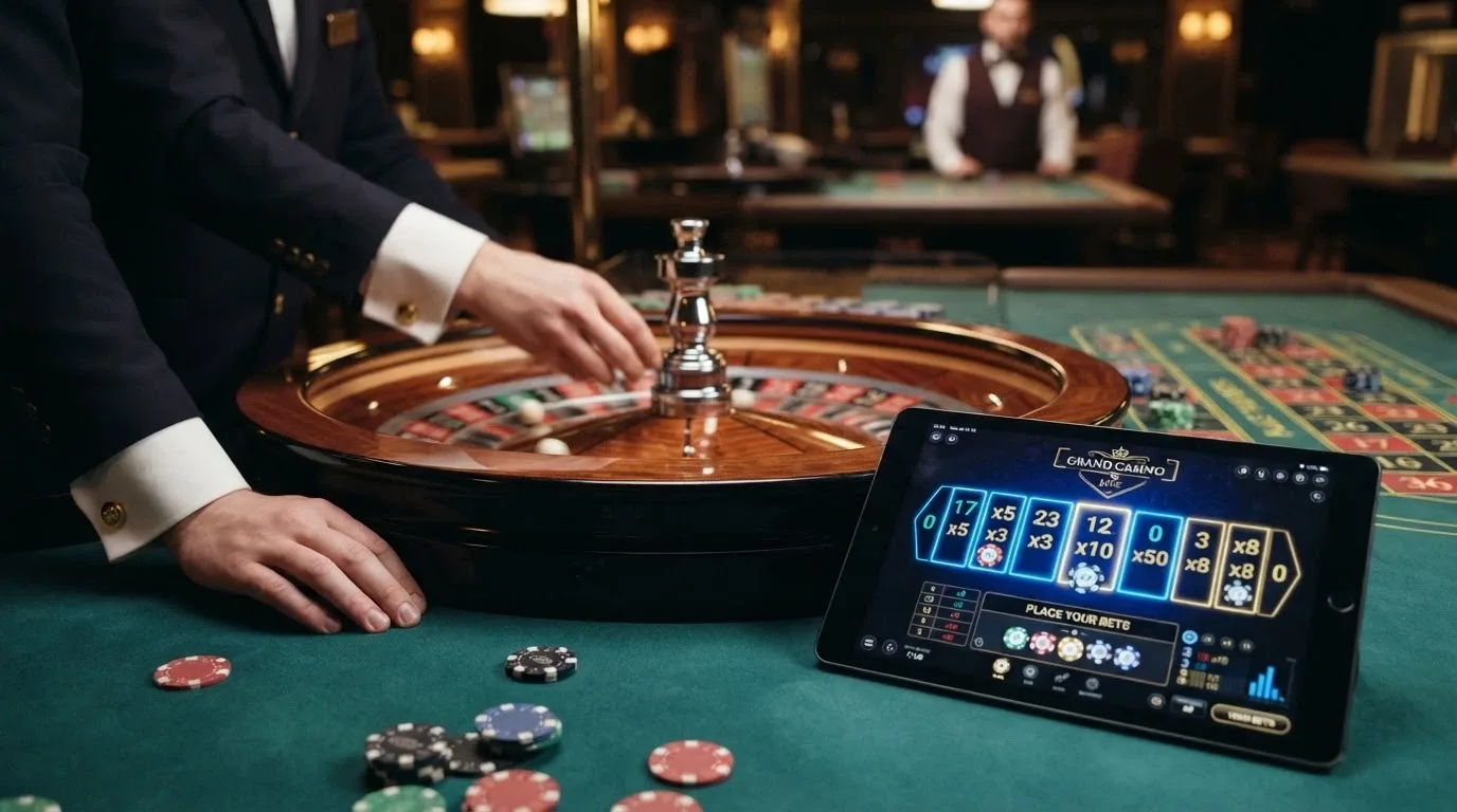 Mesa de ruleta en vivo de Evolution con crupier real y pantalla de interfaz de apuestas con multiplicadores Lightning activos