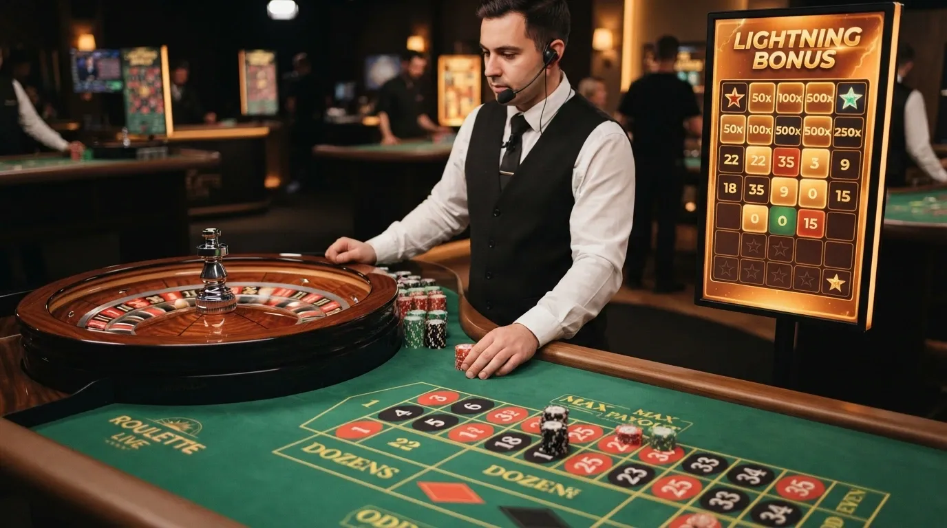 Un plano de una ruleta en vivo con la cuadrícula de bonificación Fire Blaze visible en pantalla y un crupier en segundo plano
