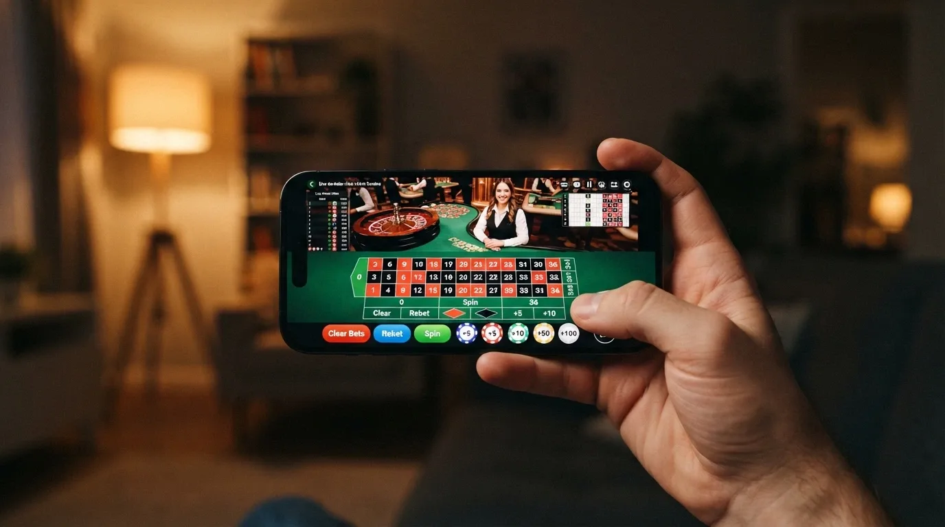 Teléfono móvil en orientación horizontal mostrando una mesa de ruleta en vivo con la rueda y el crupier visibles, los botones de apuesta adaptados al formato táctil