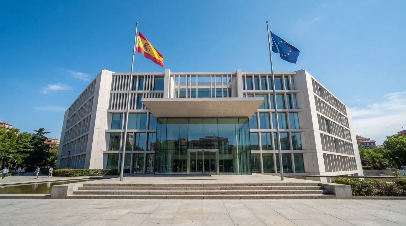 La fachada de un edificio institucional moderno con la bandera de España y de la Unión Europea en el mástil de la entrada