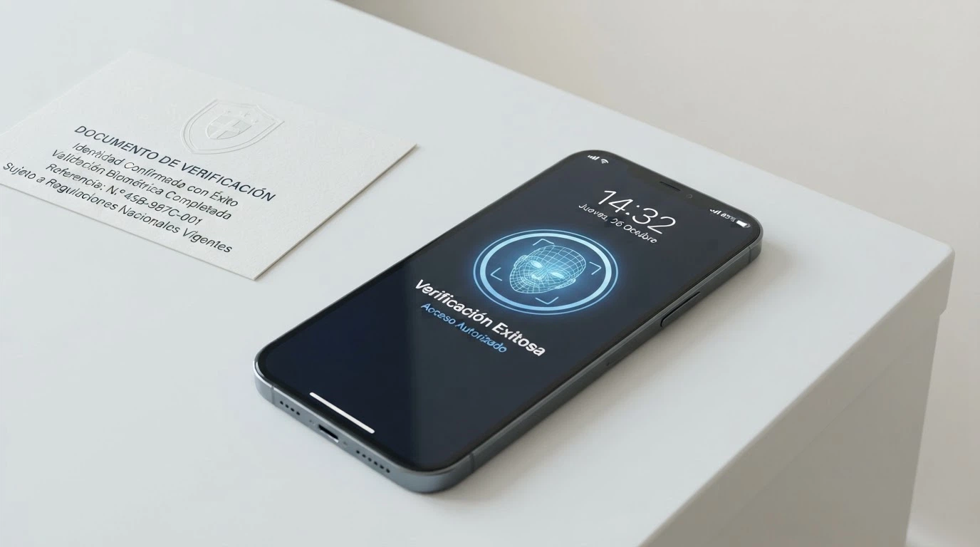Primer plano de un iPhone autenticando un pago con Face ID junto al logo de la DGOJ