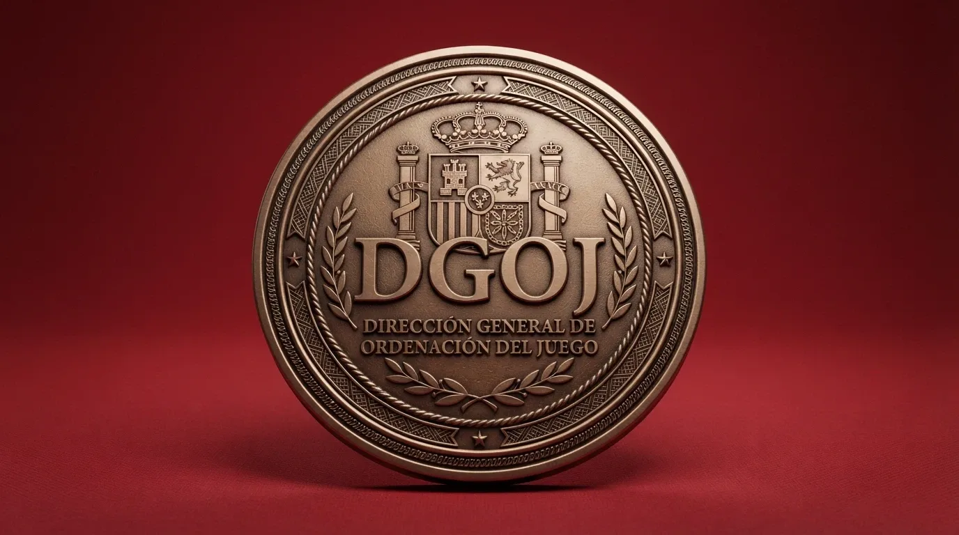 Sello oficial de la Dirección General de Ordenación del Juego sobre el fondo de la bandera de España y la fachada de su sede