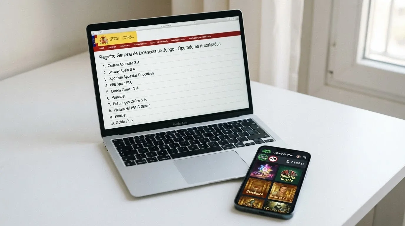 Un ordenador portátil mostrando la web de la DGOJ con el listado de operadores autorizados; en primer plano, un teléfono con la pantalla de un casino donde se ven los sellos de Juego Seguro y +18