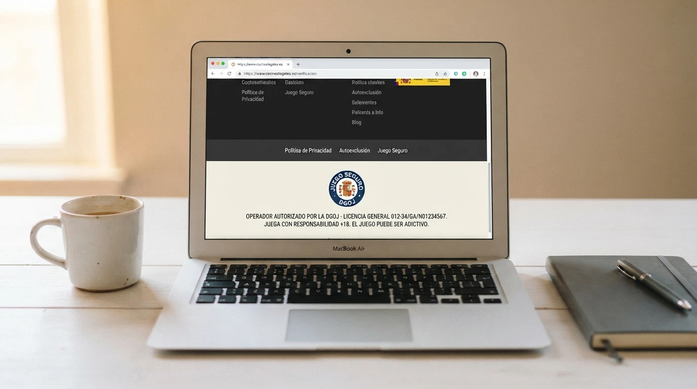 Sello de licencia de la Dirección General de Ordenación del Juego visible en el pie de página de un casino online español junto al dominio .es