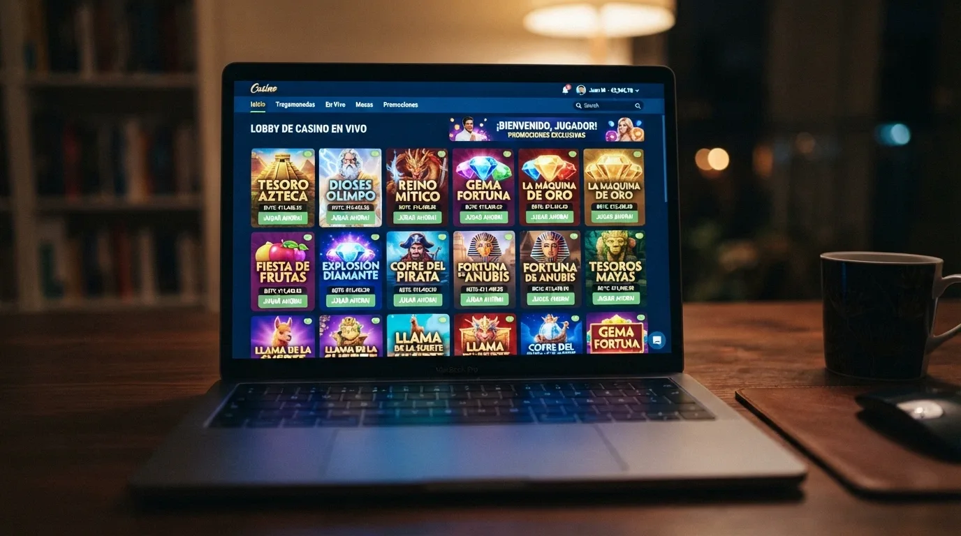 Captura del lobby de slots de un casino online español con títulos como Book of Dead, Gates of Olympus y Sweet Bonanza en primera línea