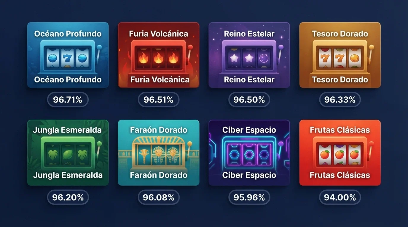 Una parrilla de carátulas de tragamonedas — Starlight Princess, Big Bass Splash, Zeus vs Hades — con su porcentaje de RTP visible bajo cada título