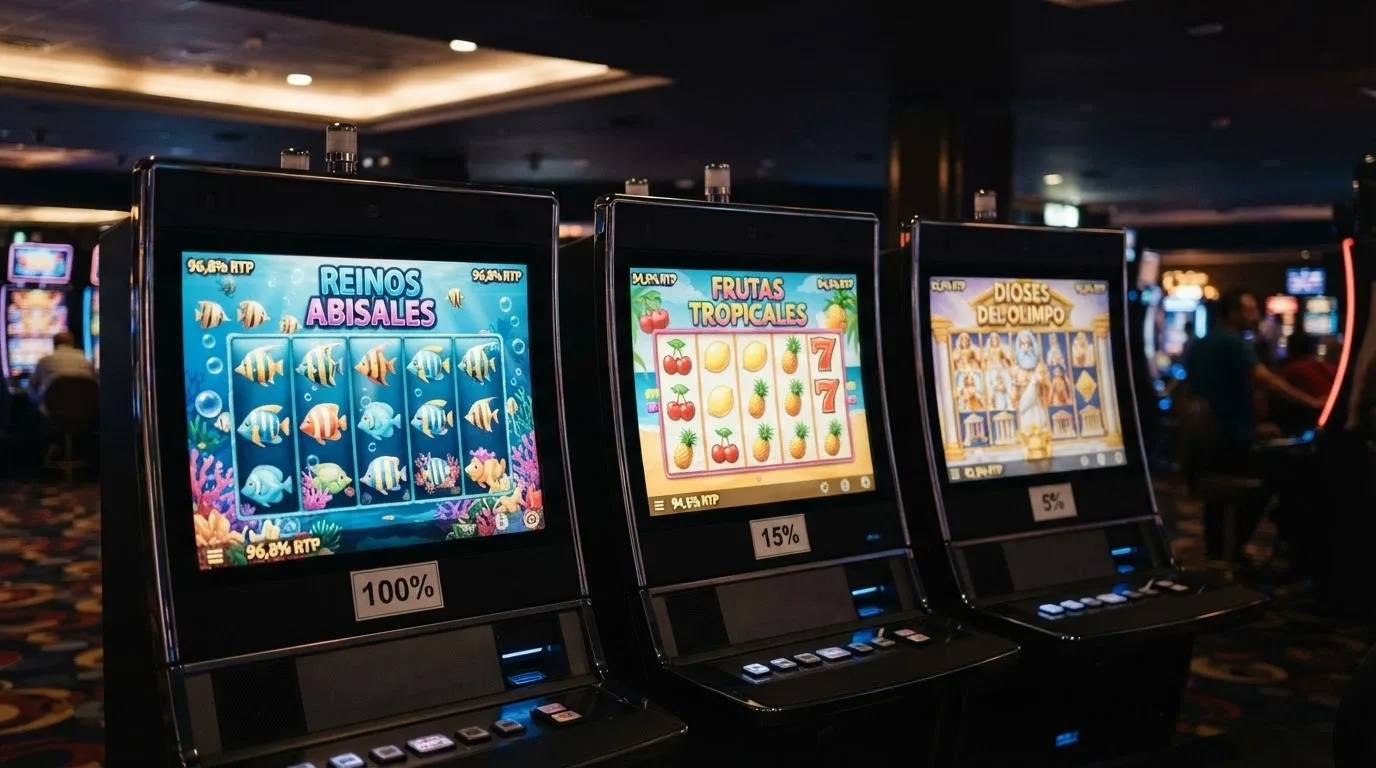 Composición de tres pantallas de slots online populares en España (una de temática acuática, otra de frutas, otra mitológica) con sus porcentajes de RTP superpuestos
