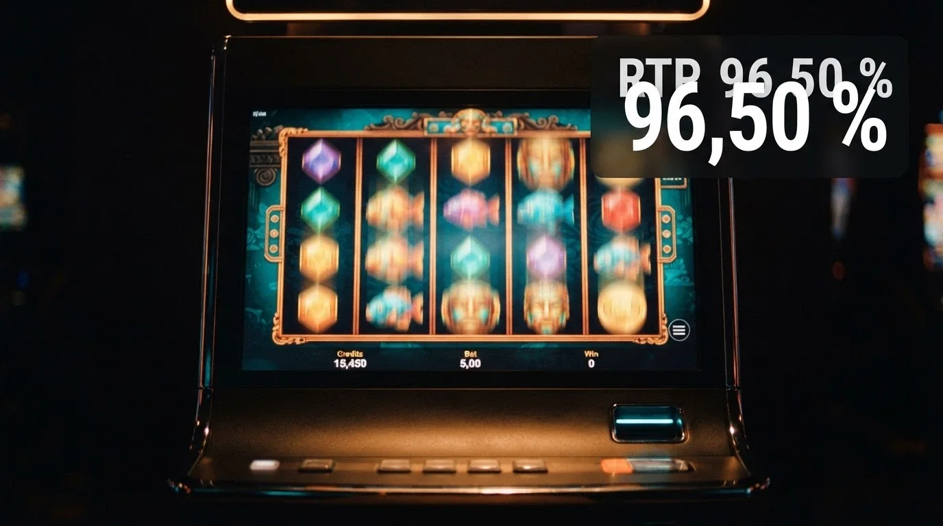 Captura de pantalla de una tragaperras online con los carretes girando y una etiqueta superpuesta que indica «RTP 96,50 %» en la esquina