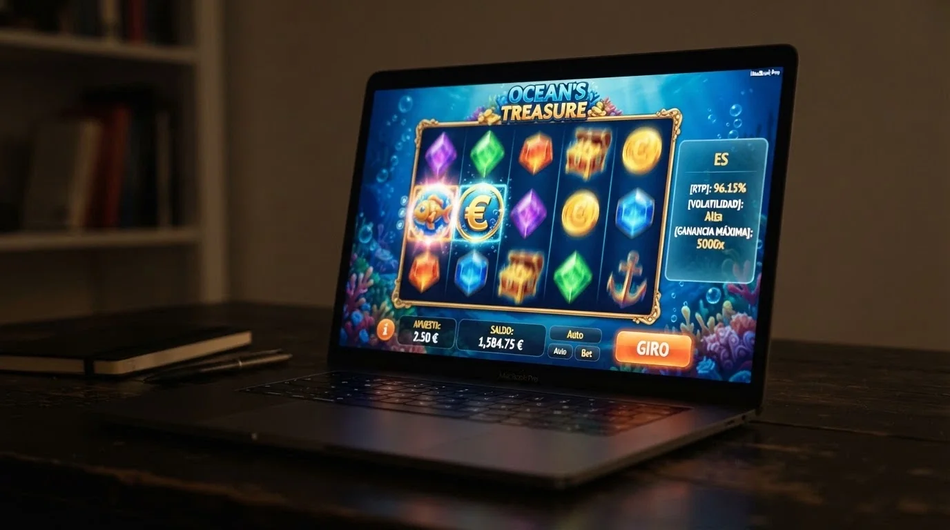 Una slot online con los carretes girando y una ventana superpuesta mostrando los datos de RTP, volatilidad y ganancia máxima