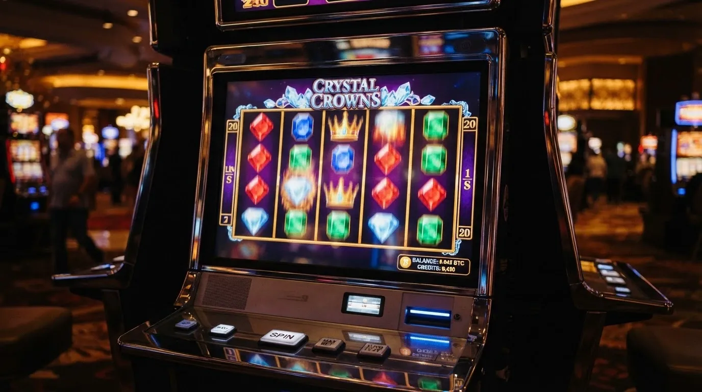 Captura de una tragaperras online como Gates of Olympus o Sweet Bonanza con la interfaz de apuesta visible y el saldo en criptomoneda