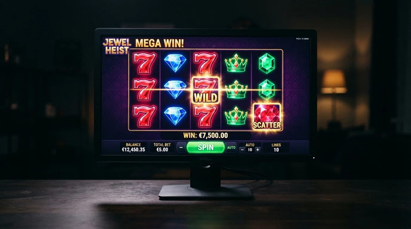 Una pantalla de ordenador mostrando una slot online colorida con la interfaz de juego visible, los rodillos detenidos en una combinación ganadora