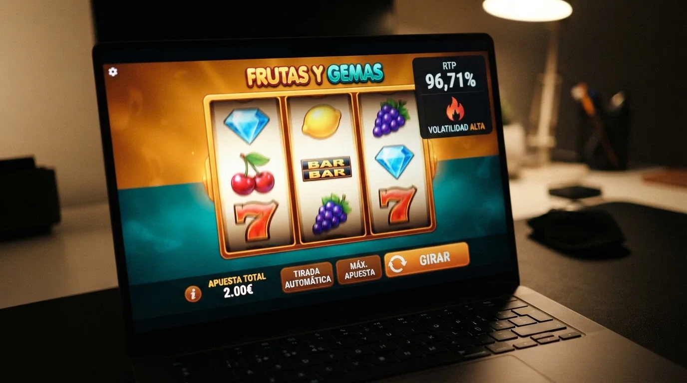 Captura de pantalla del carrete de una tragaperras online con el panel de información abierto mostrando «RTP 96.71%» y el símbolo de volatilidad alta