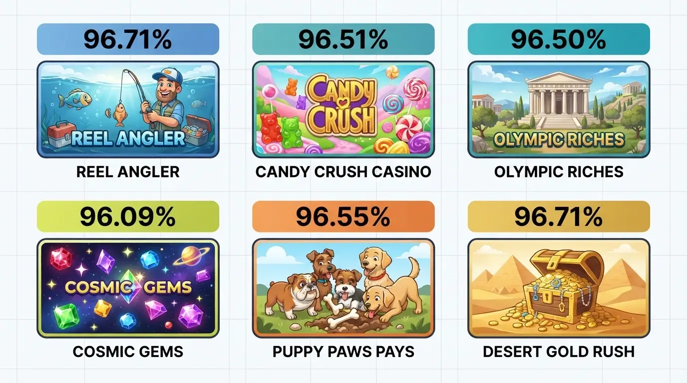 Cuadrícula de carátulas de tragamonedas populares (Big Bass Bonanza, Sweet Bonanza, Gates of Olympus) con el porcentaje de RTP sobreimpreso en cada una