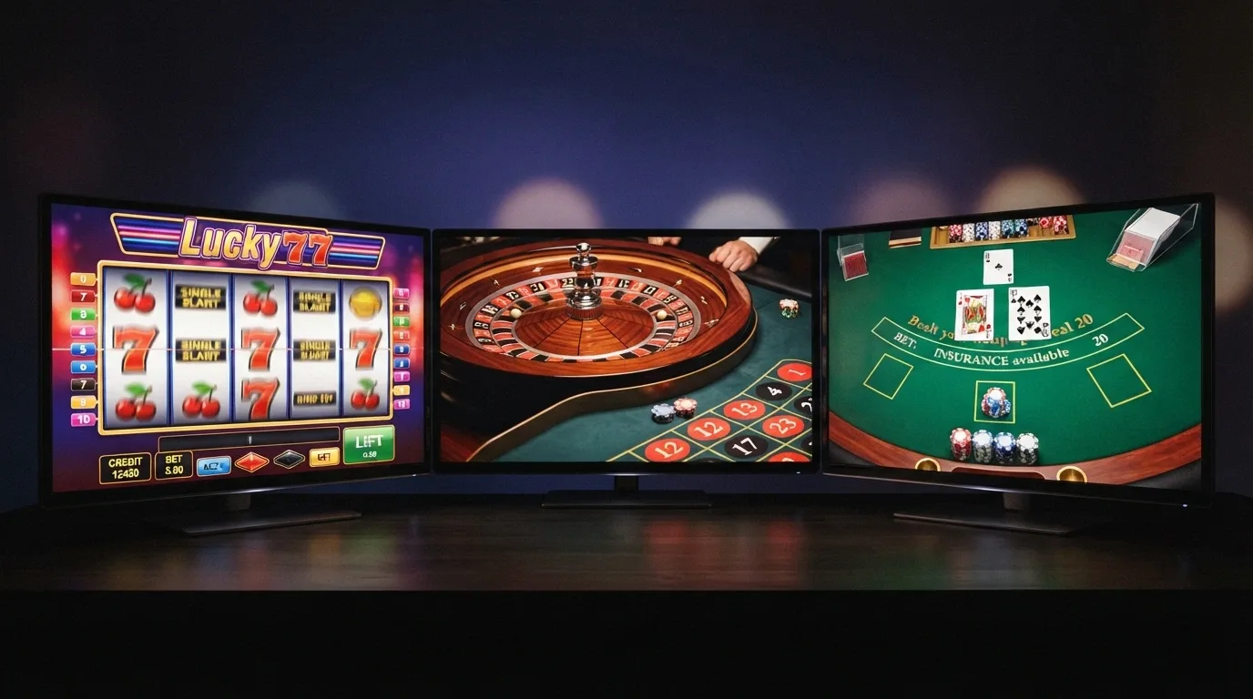 Una cuadrícula con tres pantallas de juego diferentes: una tragaperras colorida con rodillos girando, una ruleta en vivo con crupier real, y una mesa de blackjack con la interfaz de Evolution visible