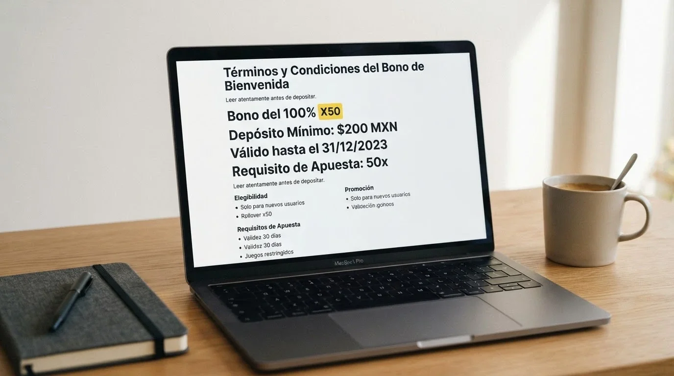 Captura de los términos de un bono de bienvenida en un casino español donde se leen el porcentaje de igualación, el rollover, la vigencia y el depósito mínimo exigido
