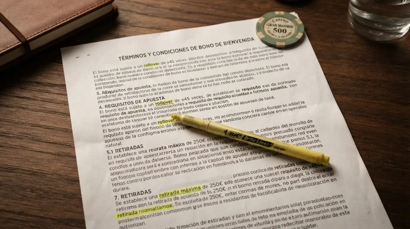 Primer plano de un documento con términos y condiciones donde se subrayan las palabras «rollover», «requisito de apuesta» y «retirada máxima»