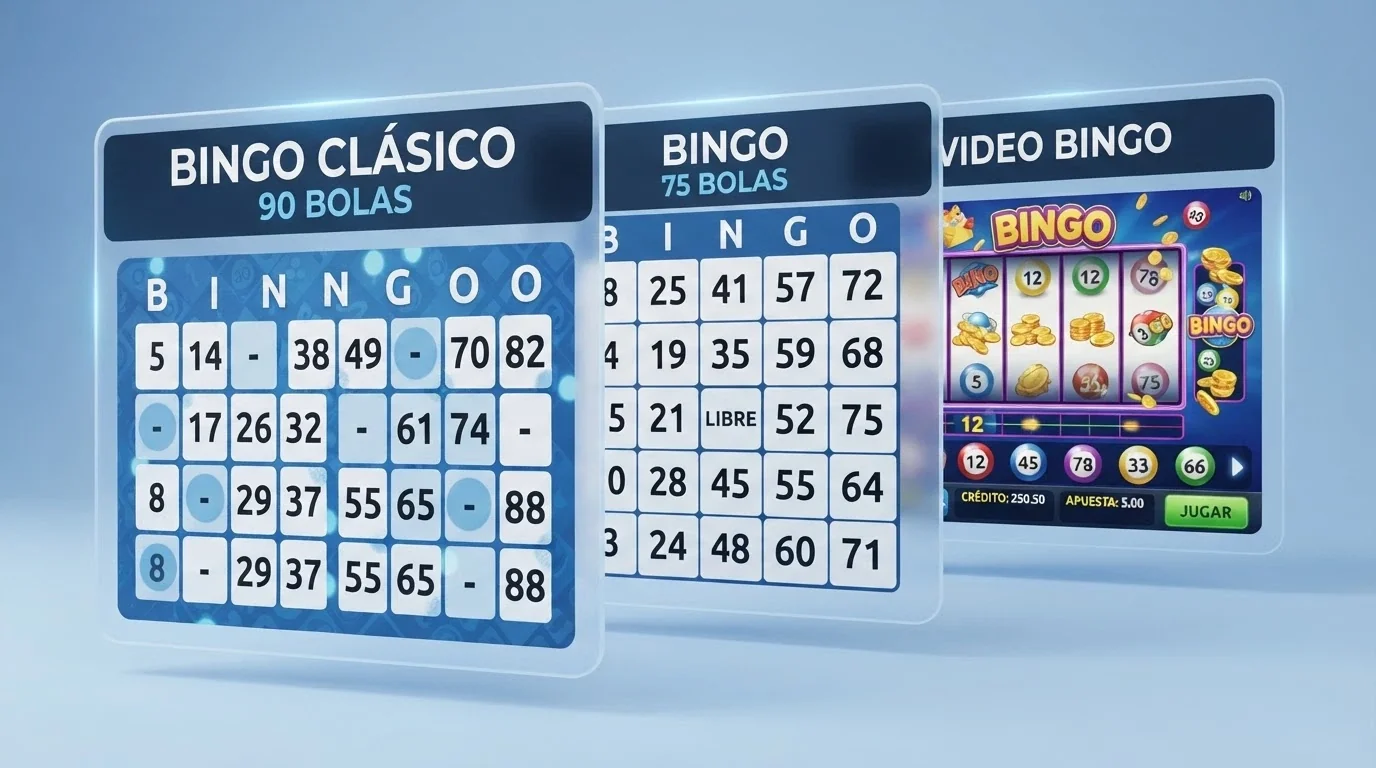 Tres ventanas superpuestas mostrando una sala de bingo de 90 bolas, un cartón de bingo de 75 bolas y una pantalla de video bingo con gráficos animados