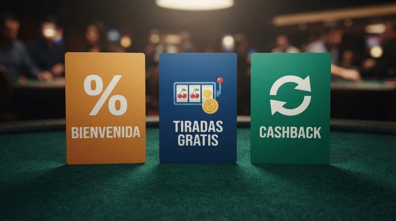 Tres tarjetas de promoción alineadas mostrando los tres tipos de oferta: bono de bienvenida, tiradas gratis y cashback, cada una con su iconografía distintiva