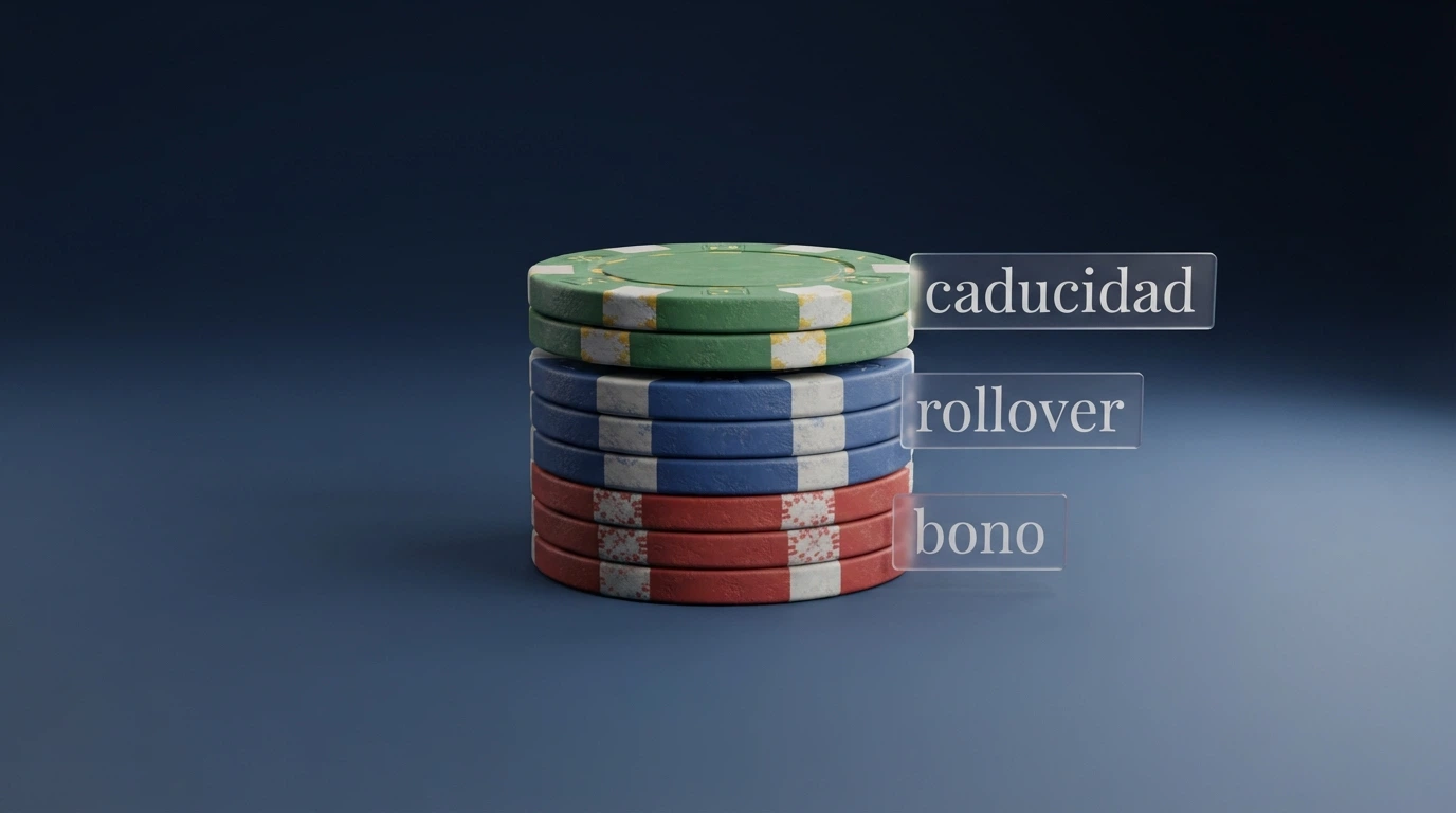 Tres fichas de póker apiladas con los conceptos «bono», «rollover» y «caducidad» escritos en etiquetas