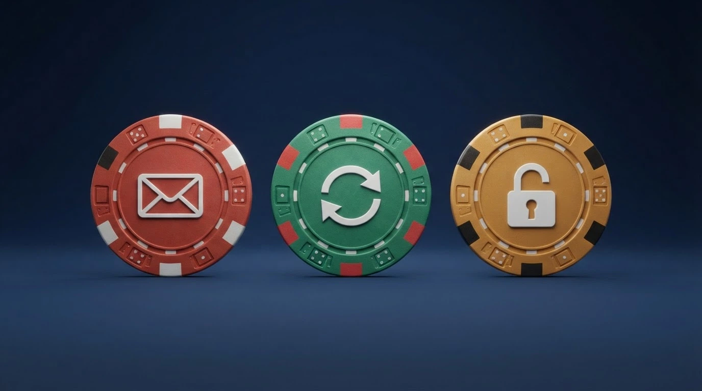 Tres tarjetas o fichas de casino alineadas mostrando iconos distintos: un sobre de regalo (saldo gratis), una ruleta con el símbolo de giro (tiradas gratis) y un candado abierto (sin rollover)