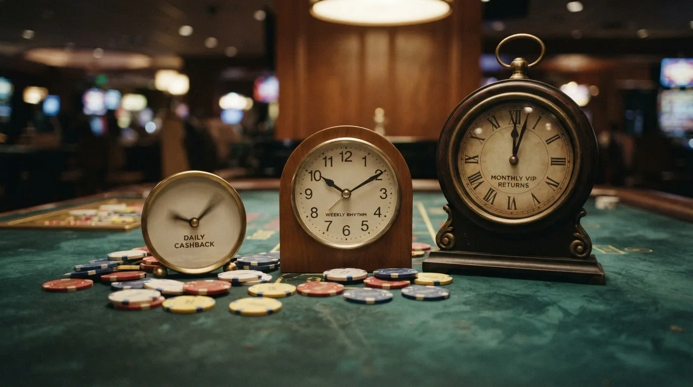 Tres relojes de distinto tamaño y velocidad sobre una mesa de juego: uno pequeño y rápido (diario), uno mediano (semanal), uno grande (mensual VIP)
