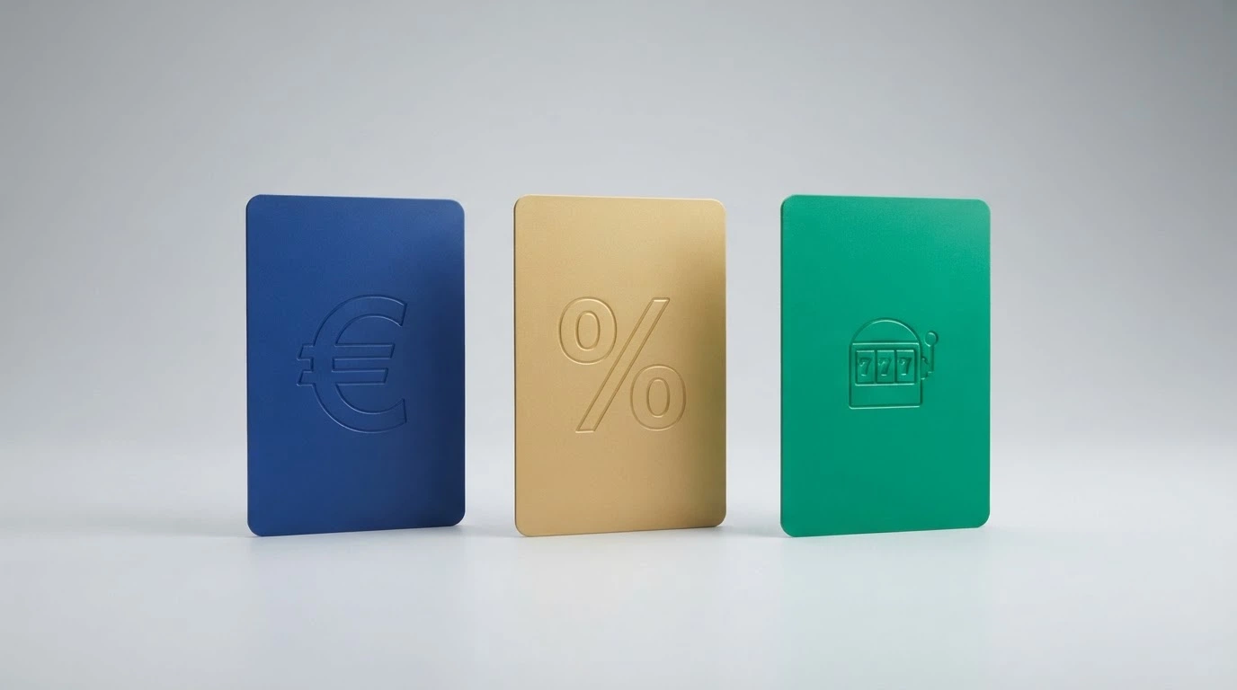 Tres tarjetas que representan los tipos de código promocional: sin depósito, con depósito y tiradas gratis