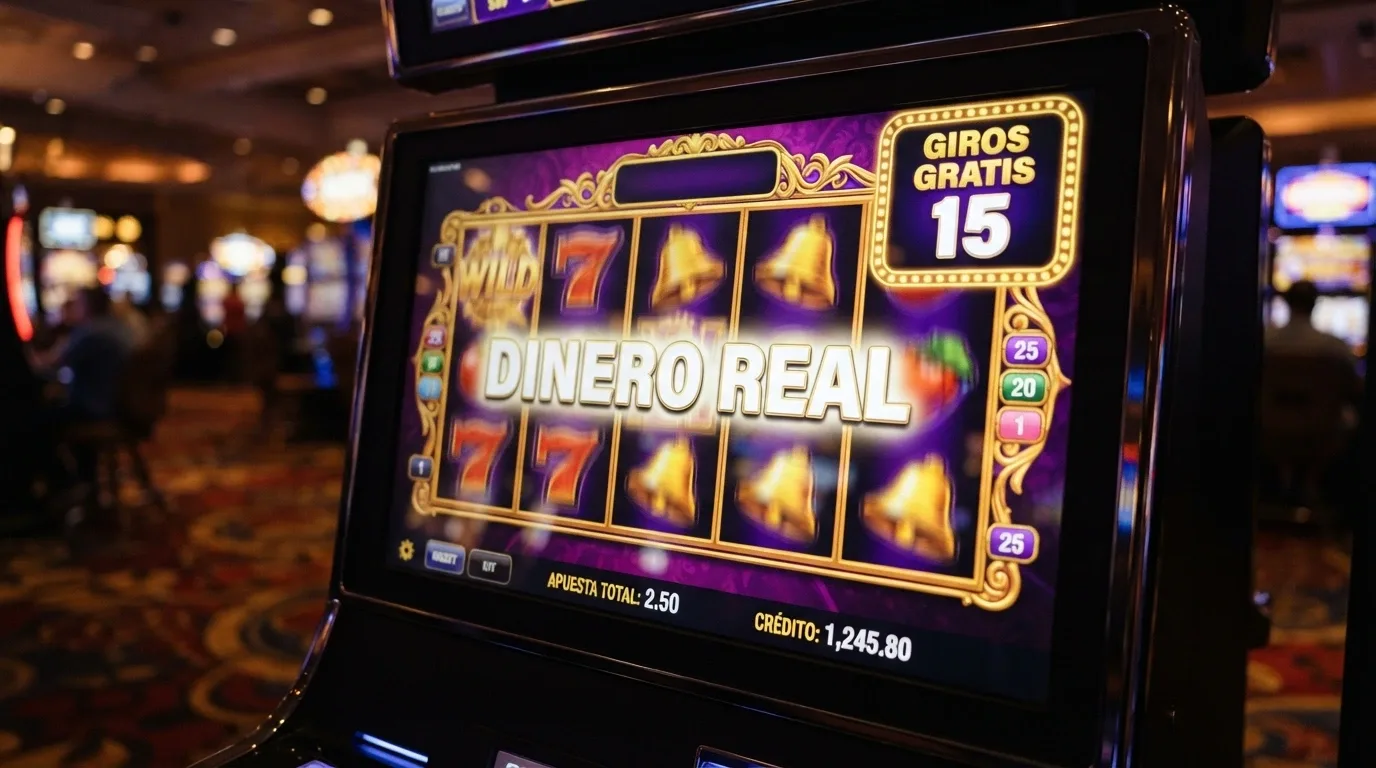 Primer plano de una tragaperras con el contador de tiradas gratis activo y las palabras «dinero real» destacadas en pantalla.