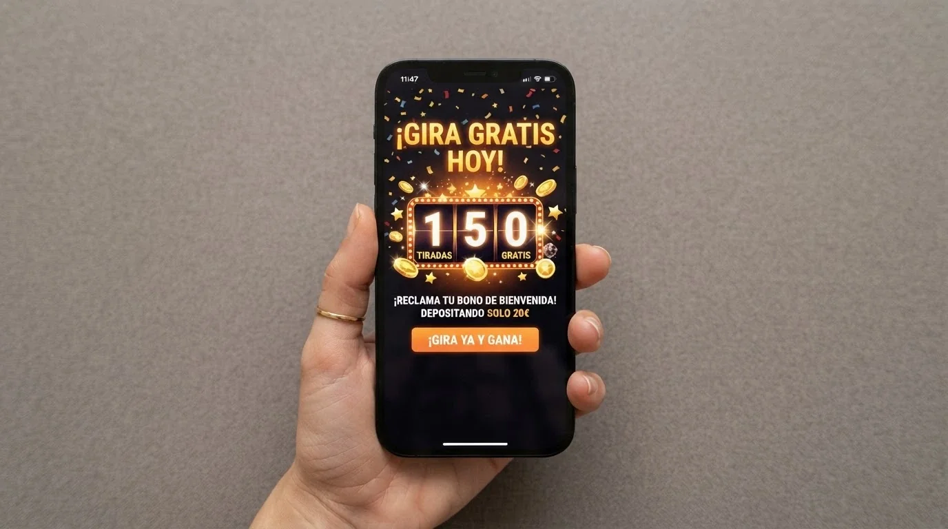 Mano sosteniendo un móvil con la pantalla de un casino online español donde se activa una promoción de tiradas gratis sin depósito
