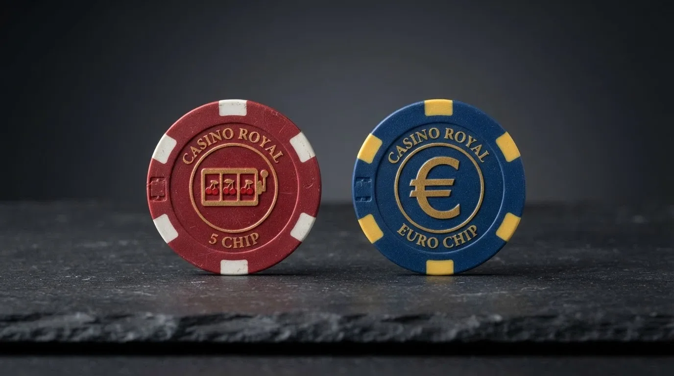 Dos fichas de casino una al lado de la otra: una muestra el icono de una tragaperras (tiradas gratis) y la otra un símbolo de euro (bono en saldo)