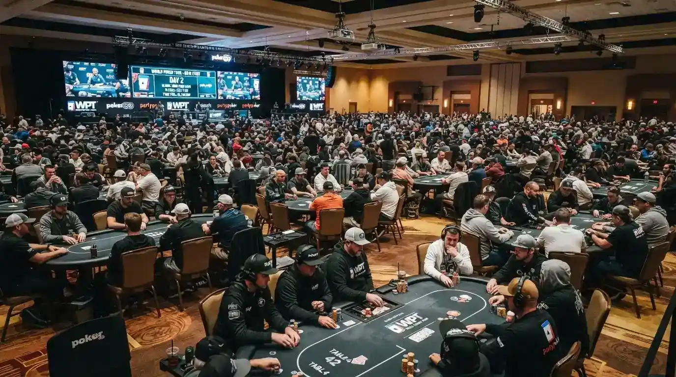 Sala de póker del Casino Barcelona durante un torneo con varias mesas ocupadas y pantallas de información
