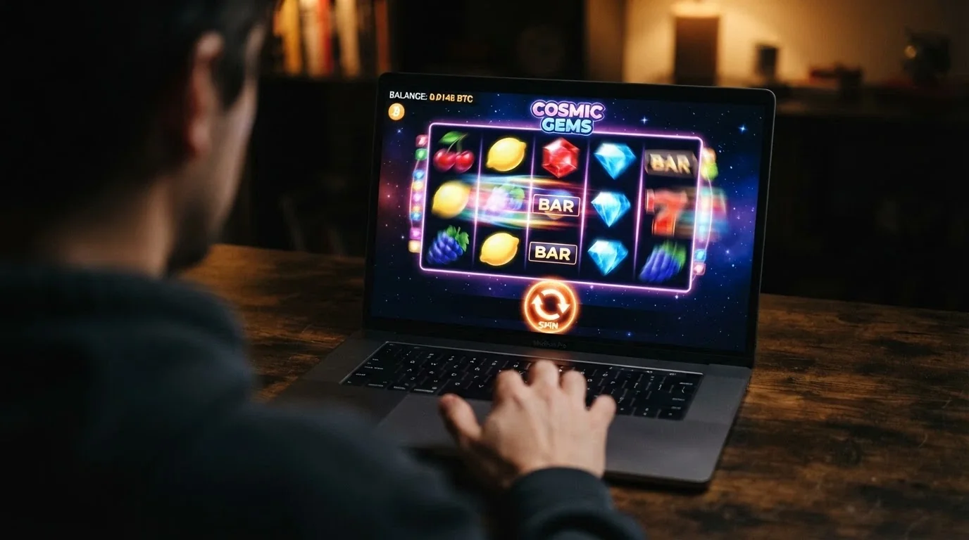 Pantalla de un slot online colorido con los rodillos girando, el saldo en DOGE visible en la esquina y el botón de tirada destacado