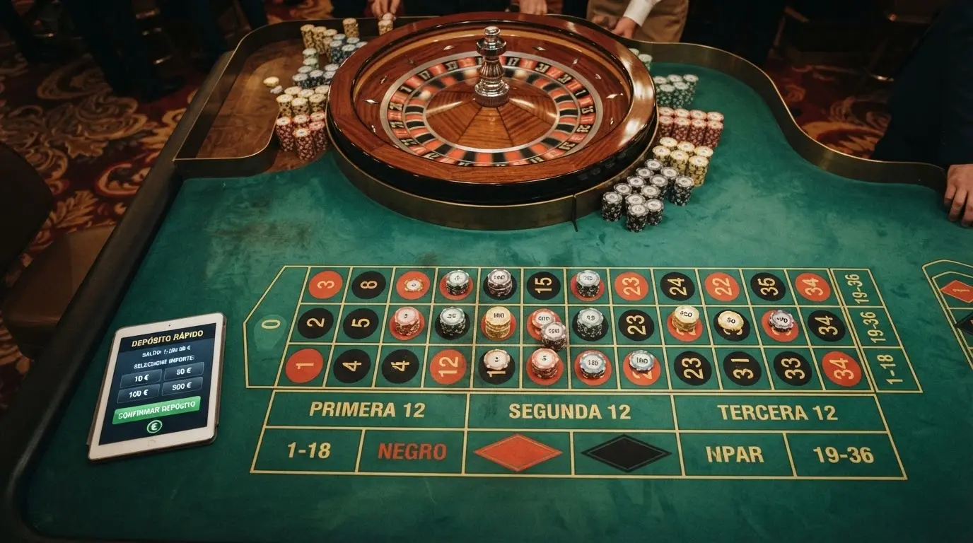 Mesa de ruleta en vivo en un casino online español con la interfaz de depósito visible