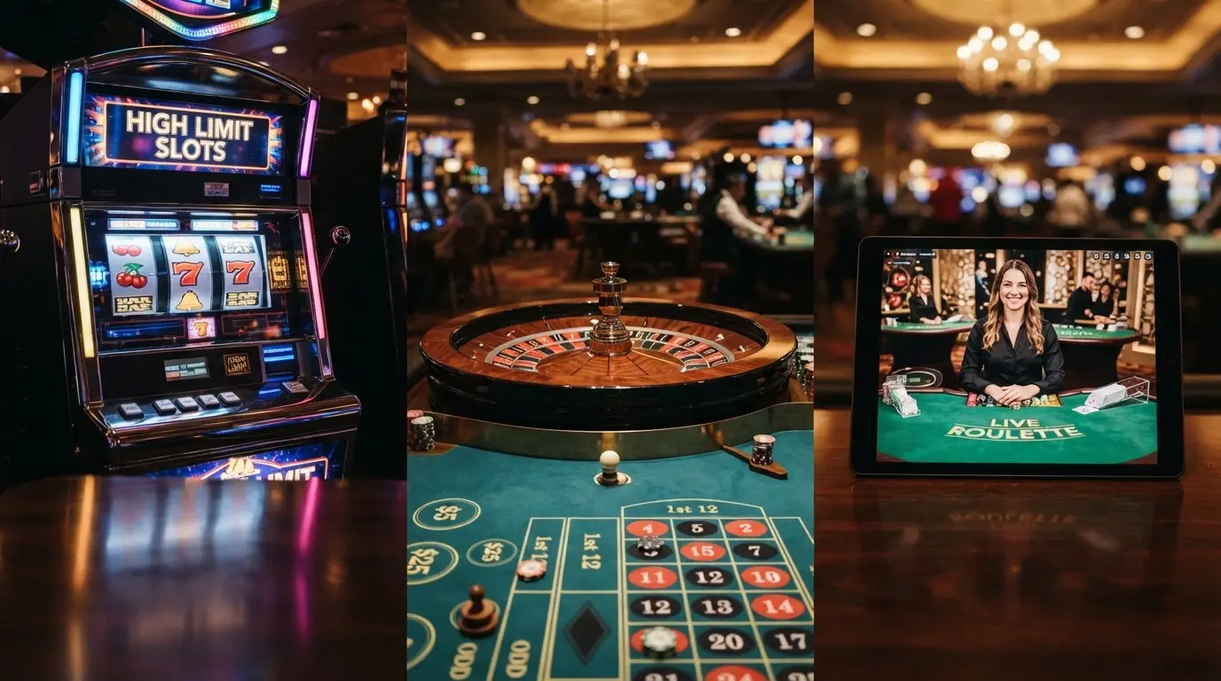 Pantalla dividida con una tragaperras online, una mesa de ruleta en vivo con crupier real y el lobby de un casino en vivo en un operador con licencia DGOJ
