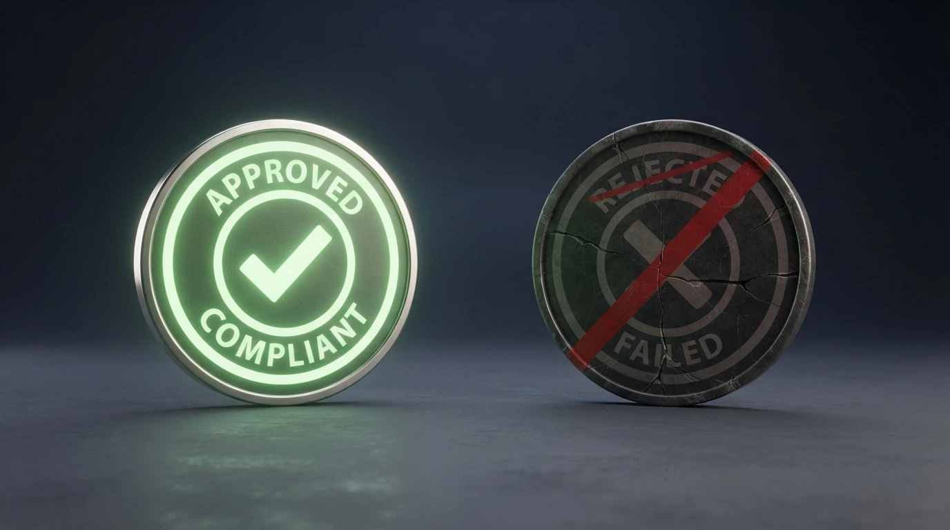 Dos monedas estables enfrentadas: USDC con el sello de cumplimiento MiCA frente a USDT tachado con una cruz de exclusión regulatoria
