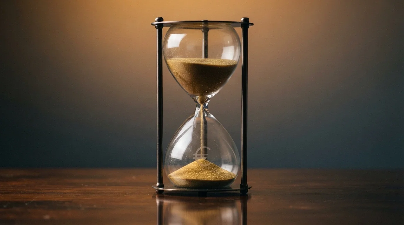 Un reloj de arena partido: en la mitad superior granos de arena que caen en 3-5 segundos junto al símbolo de XRP; en la inferior, un montón de arena detenido junto al símbolo del euro