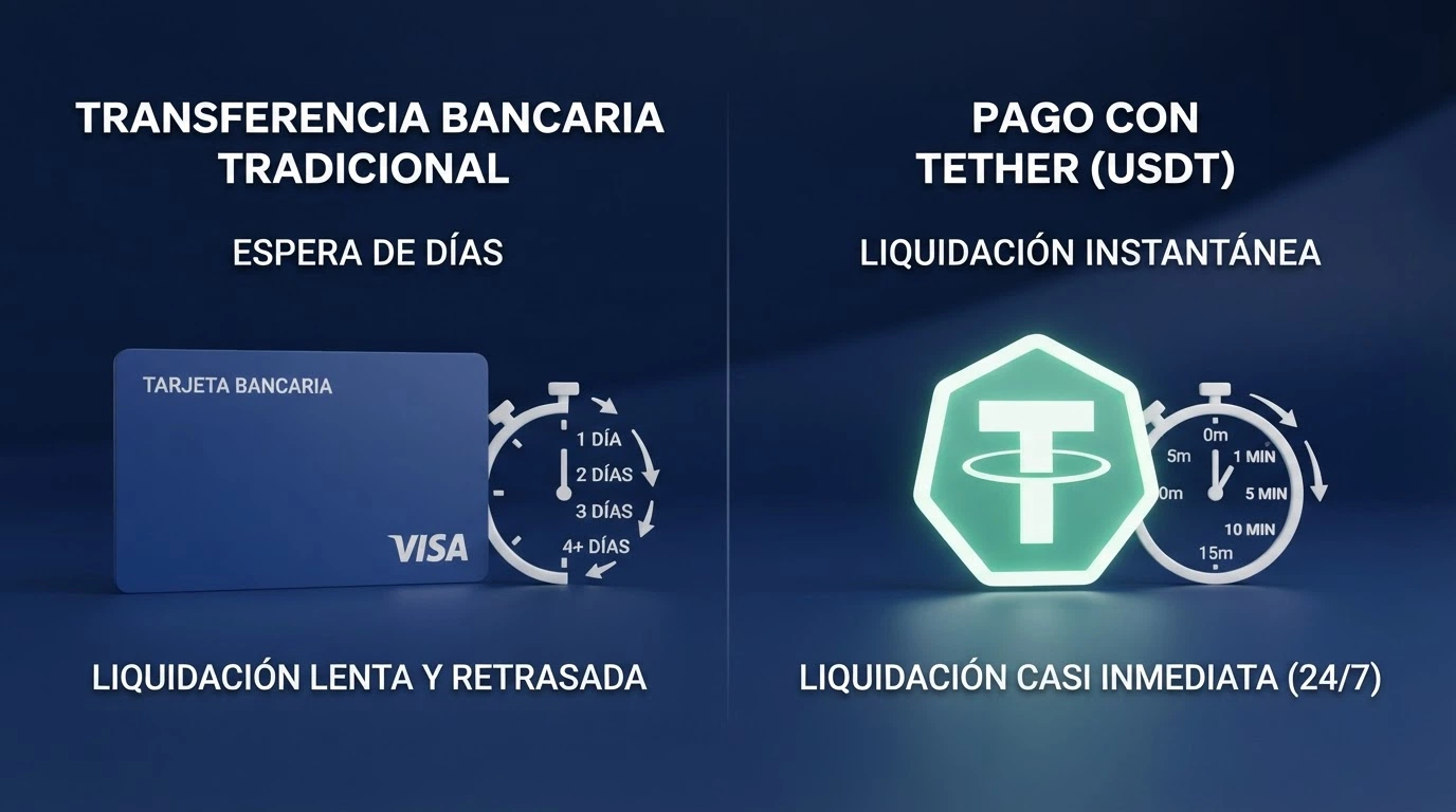 Una comparación visual de dos columnas: a la izquierda, tarjeta bancaria y un reloj marcando días; a la derecha, el símbolo de USDT y un reloj marcando minutos