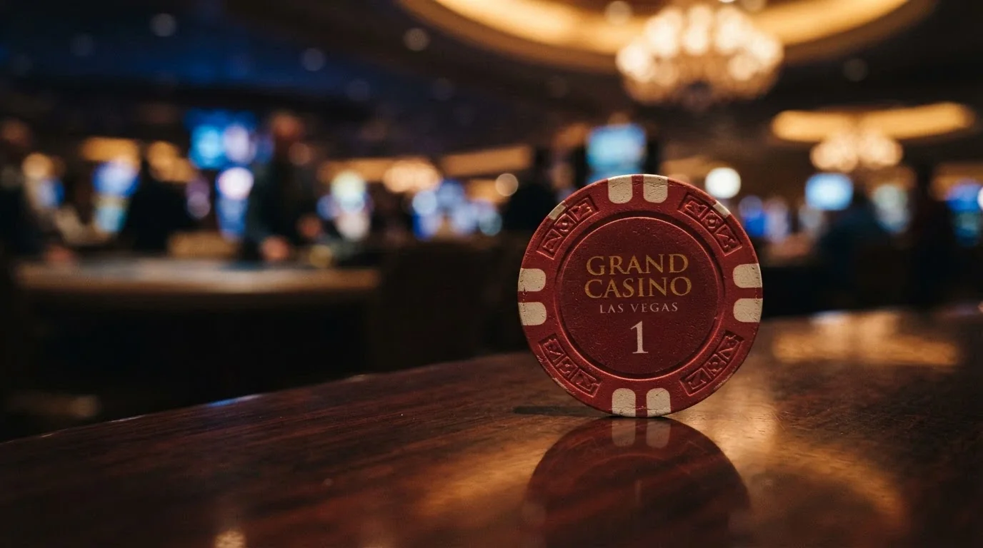 Una moneda de 1 euro apoyada verticalmente sobre el borde, con el reflejo difuminado de una interfaz de casino al fondo