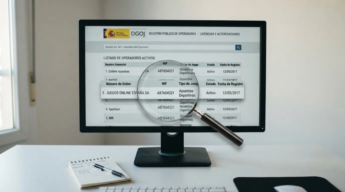 Pantalla de ordenador con el registro público de la DGOJ abierto en ordenacionjuego.es y una lupa sobre el nombre de un operador