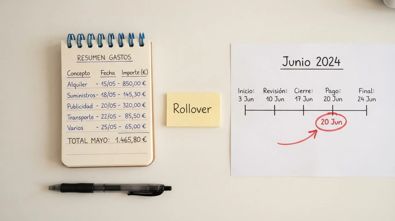 Una calculadora junto a un calendario marcado con un círculo en una fecha, con la palabra «rollover» anotada en un post-it