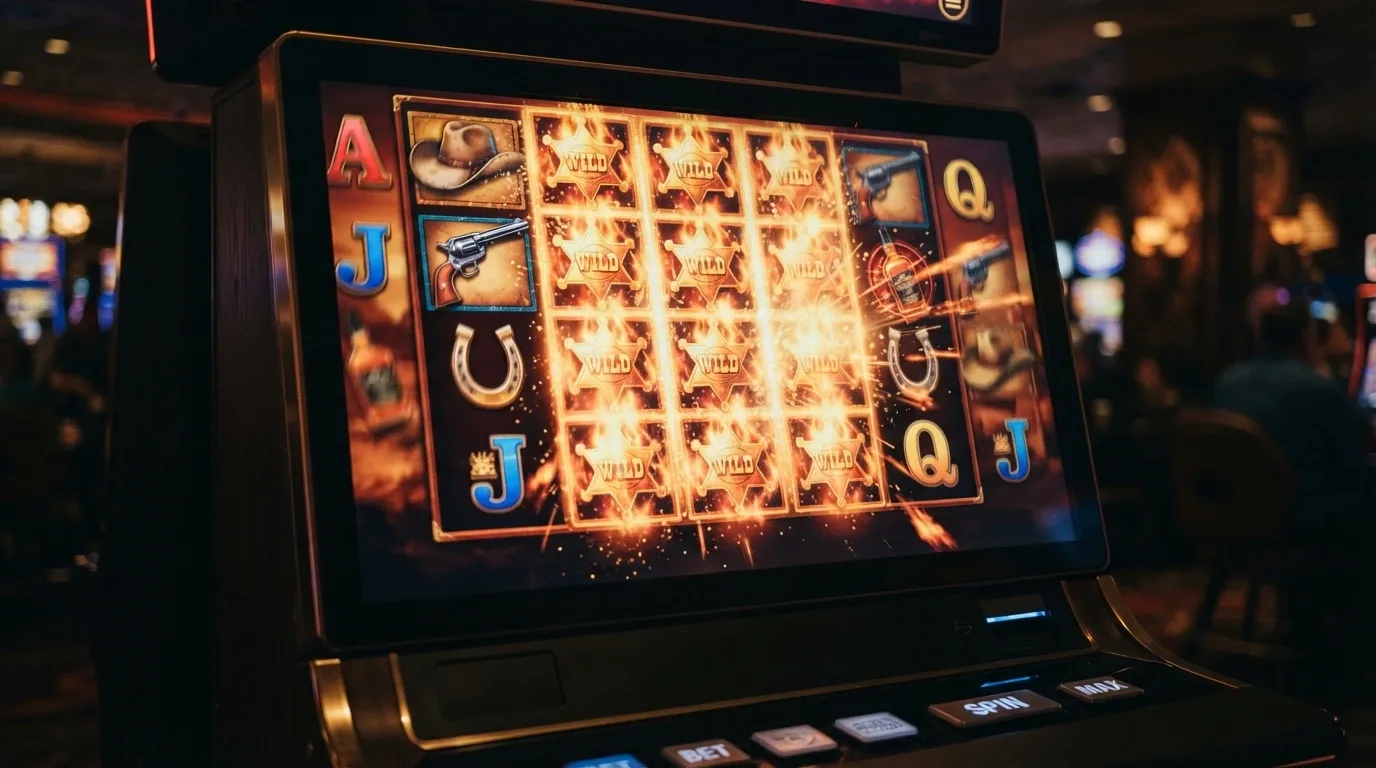 Pantalla de juego de Wanted Dead or a Wild con su cuadrícula 5×5 y los símbolos de temática western